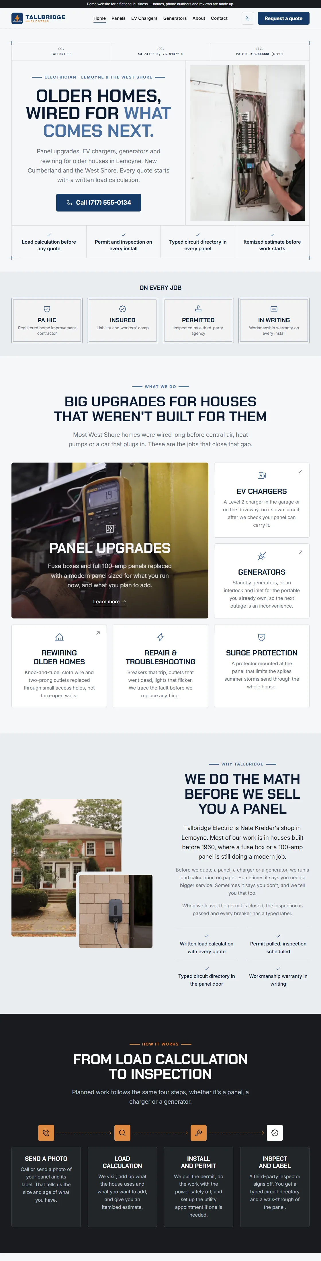 Sample electrician website in navy and white: call button, service highlights and a job checklist.