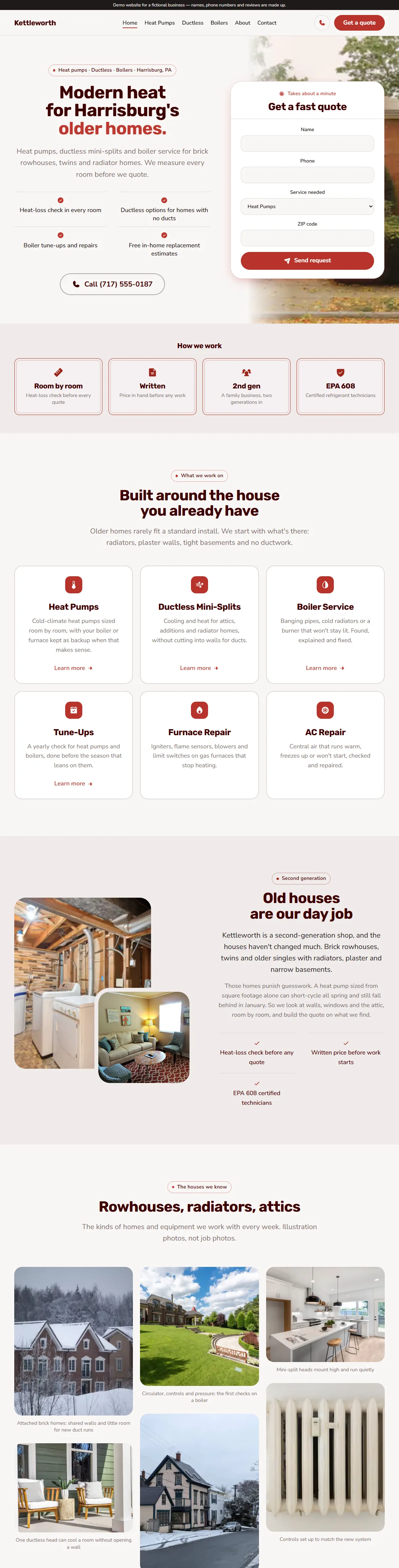 Sample HVAC website in red and cream: quote form, services and phone number up front.