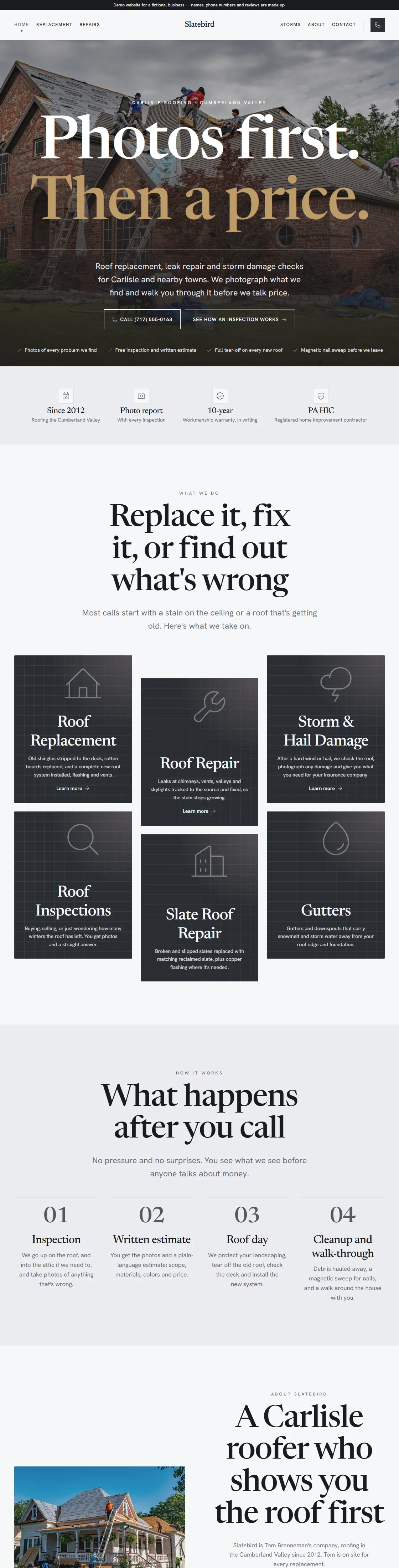 Sample roofing website in charcoal and gold: large photo, inspection offer and call button.